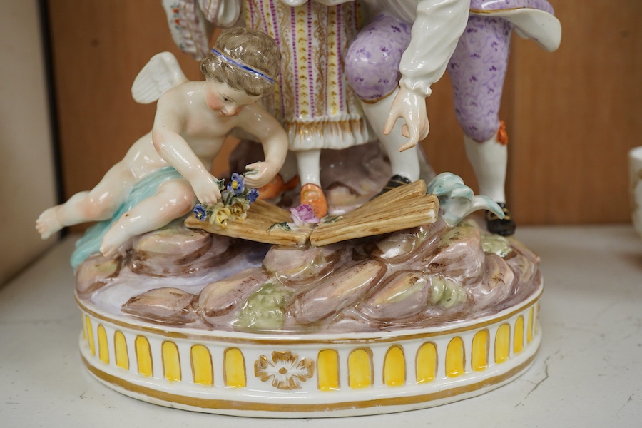 A late 19th century Meissen style group, The Broken Bridge, with cherubs, 24cm high